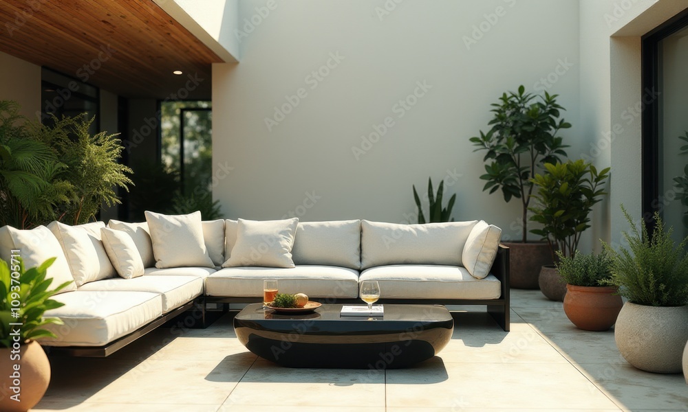 Contemporary outdoor space with stylish plant decor. Contemporary outdoor space with stylish plant decor.