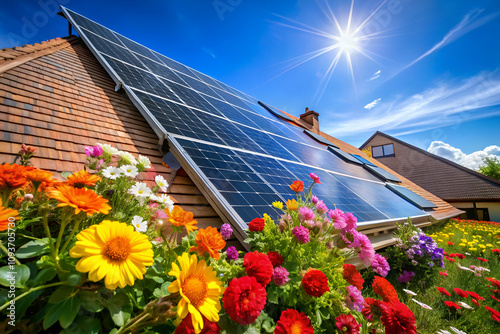 Vibrant flowers bloom near solar panels on a sunny rooftop, showcasing renewable energy and a harmonious blend of nature and technology.