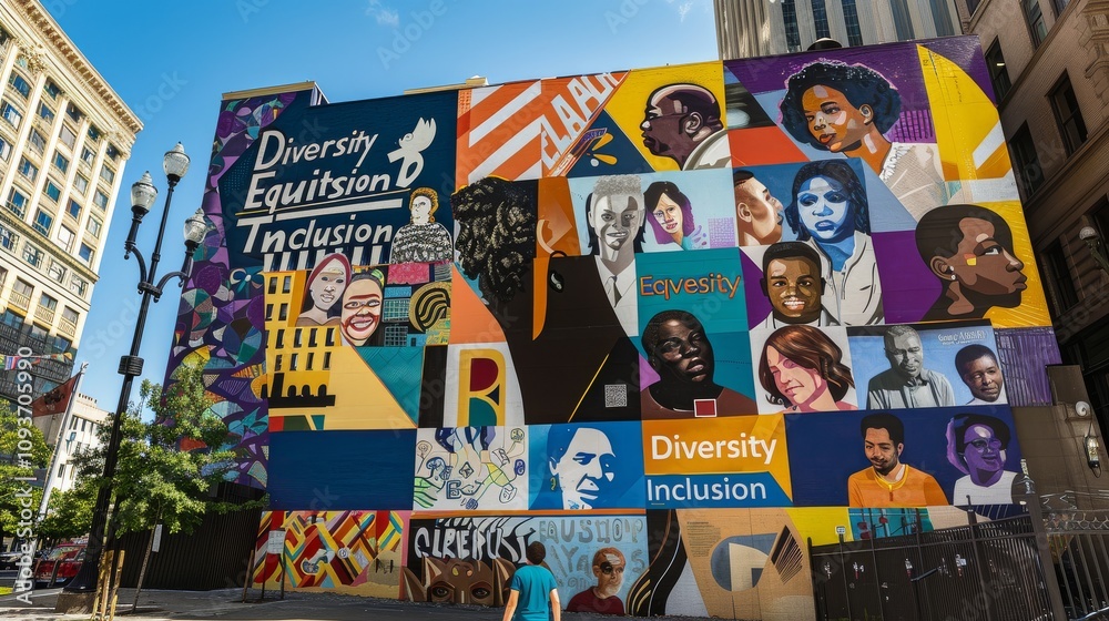 Obraz premium an inspiring mural adorned with the words Diversity Equity Inclusion painted boldly amidst a mosaic of diverse faces and cultural icons, Positioned prominently in a bustling urban square
