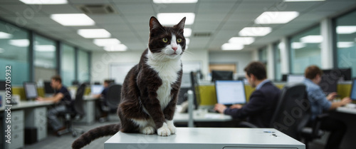 Tuxedo cat sits on office printer, workplace pet companionship