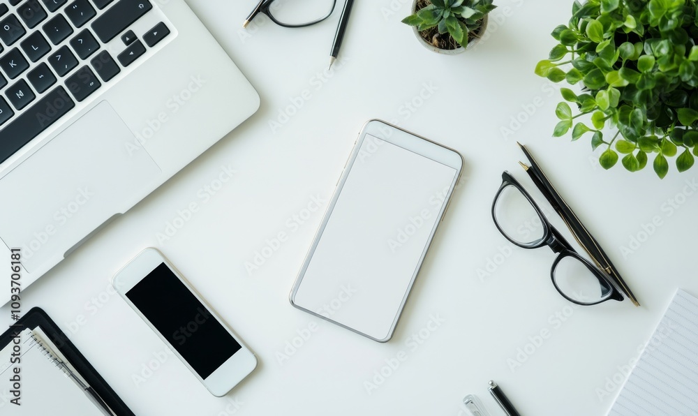 Flat lay of a modern workspace with stationery, notebook, smartphone, and plant on a clean desk Flat lay of a modern workspace with stationery, notebook, smartphone, and plant on a clean desk