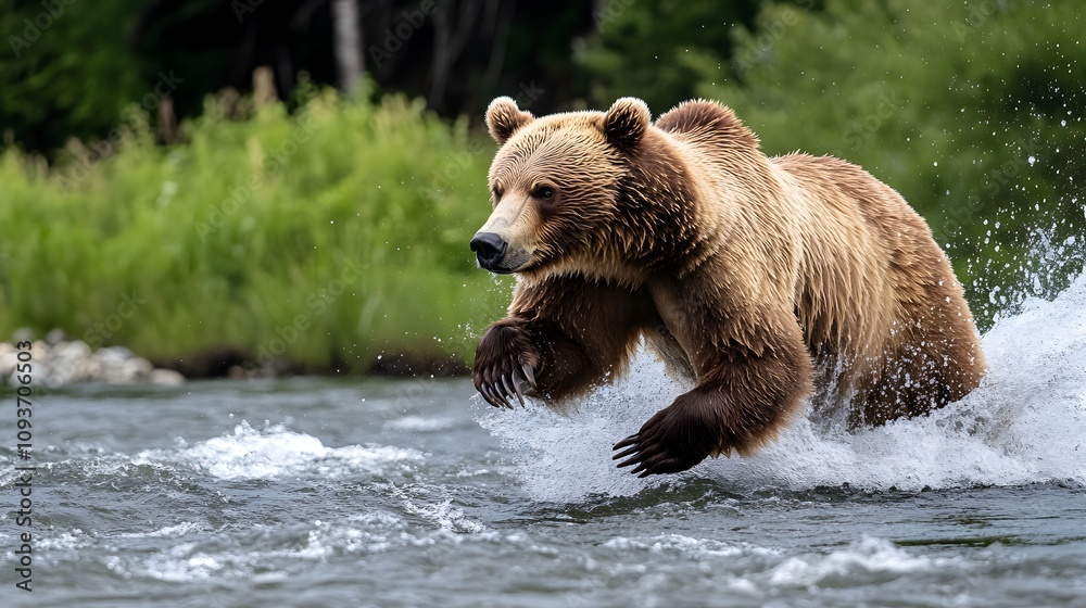 A bear hunting for salmon in the river A bear hunting for salmon in the river