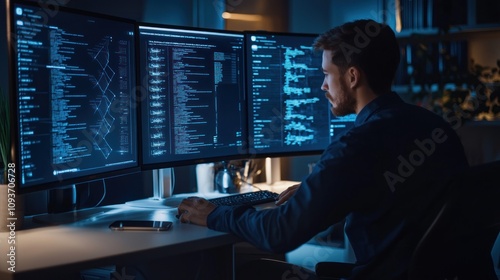 Man Working Late at Night with Multiple Computer Monitors Displaying Code