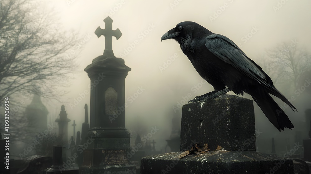 A black raven in a mysterious foggy cemetery A black raven in a mysterious foggy cemetery