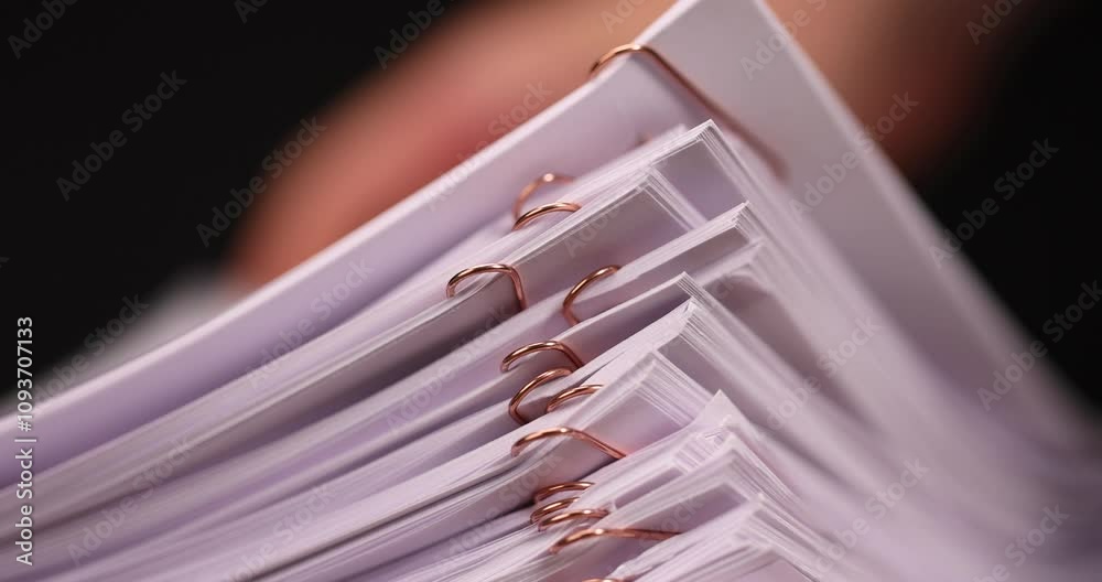 blank sheets of paper connected by copper staples, a close-up of a piece of new cellulose paper divided by paper clips into parts
