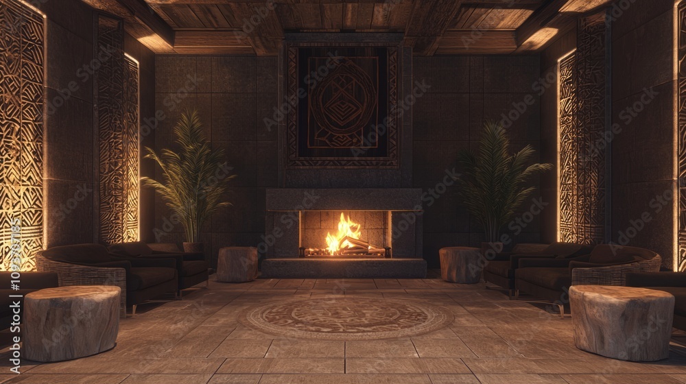 Naklejka premium Cozy Modern-Tribal Fireplace Setting in 3D Render Illustration for Intimate Gatherings