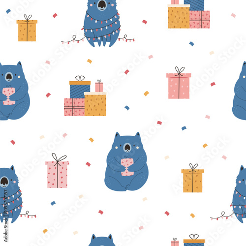 Christmas seamless pattern with adorable Australian wombats. Holiday surface design for gift box, prints, fabric, wrapping paper