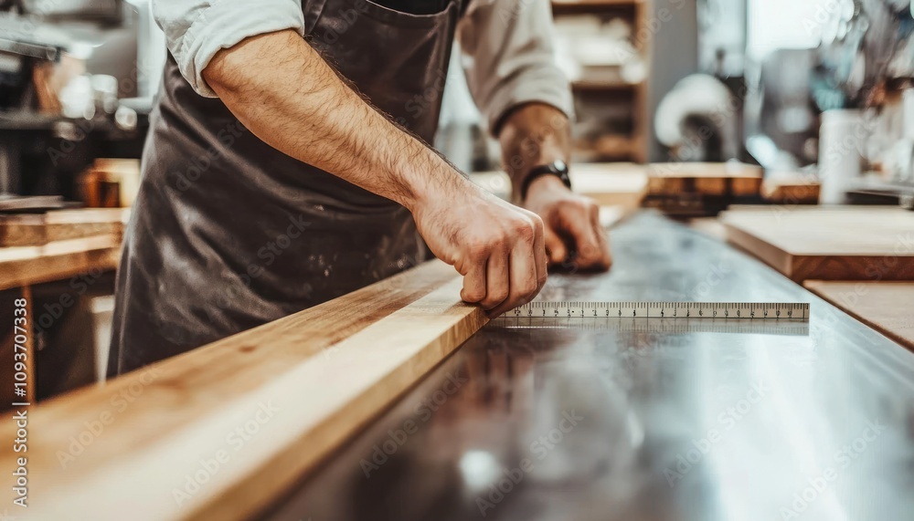 Carpenter Measuring Wood Plank with Ruler in Workshop