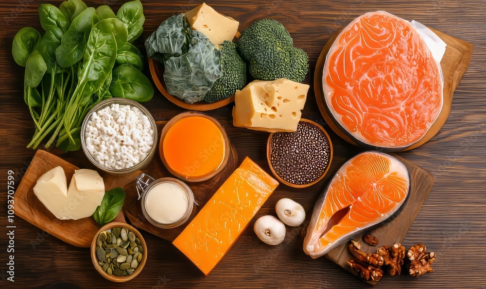 Variety of Foods High in Vitamin D on Rustic Wooden Table Variety of Foods High in Vitamin D on Rustic Wooden Table