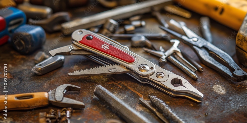 Fototapeta premium A neat multi-tool versus a messy pile of hand tools.
