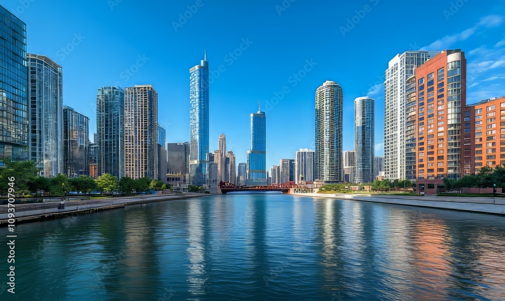 View of the Chicago River With a Skyline Featuring Tall Buildings and Modern Architecture During a Clear Daytime View of the Chicago River With a Skyline Featuring Tall Buildings and Modern Architecture During a Clear Daytime