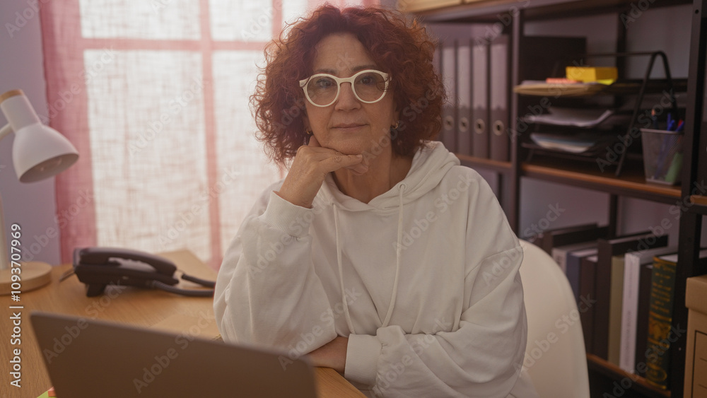 Mature woman with curly hair and glasses sitting thoughtfully in a cozy home office setting with shelves and files in the background. Mature woman with curly hair and glasses sitting thoughtfully in a cozy home office setting with shelves and files in the background.