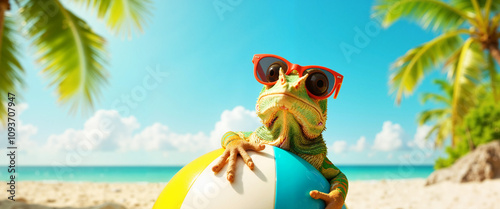 Chameleon in sunglasses on beach ball, tropical fun portrait