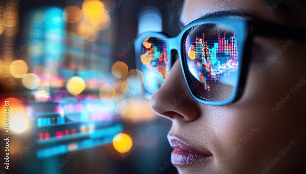 Woman's Eye Reflecting Colorful Data and Lights Woman's Eye Reflecting Colorful Data and Lights