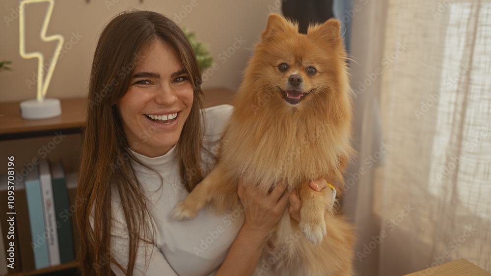 Smiling woman holding a pomeranian dog indoors with a cozy home interior Smiling woman holding a pomeranian dog indoors with a cozy home interior