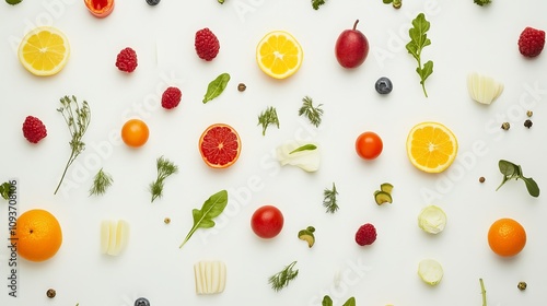 A colorful array of nutritious foods adorn a pristine white surface, arranged in a captivating flat lay composition. 