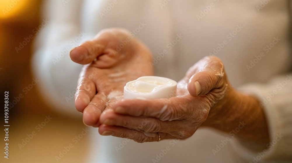 Elderly hands applying cream for hand care in senior age Elderly hands applying cream for hand care in senior age