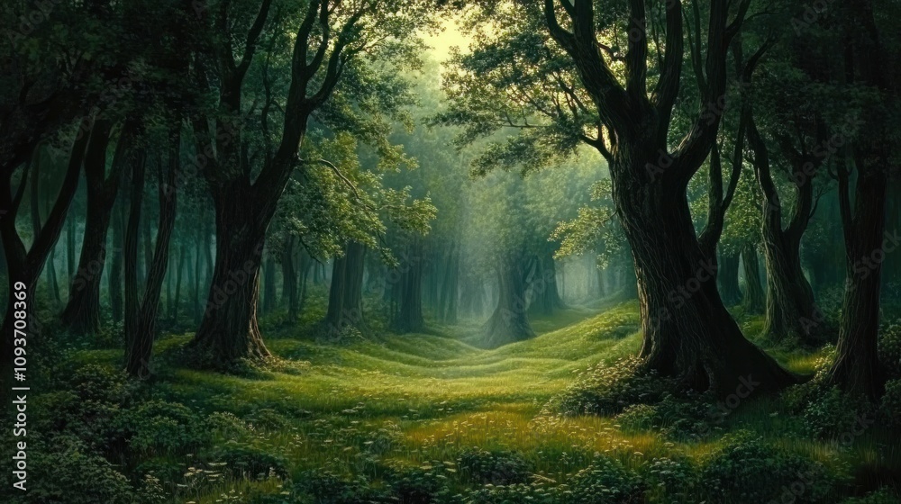 Naklejka premium Enchanted Forest Path: A Serene Escape into Nature's Embrace