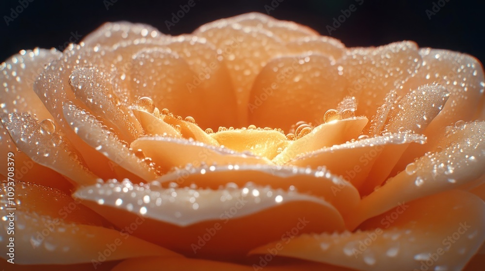 Close-up of dew-covered peach rose petals. Close-up of dew-covered peach rose petals.
