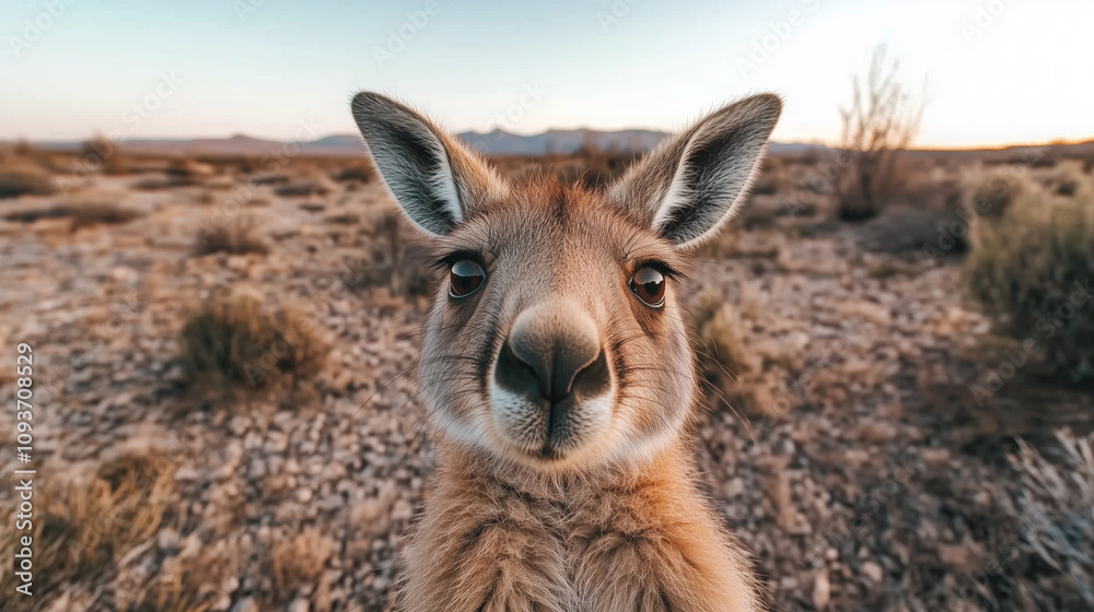 Curious kangaroo stares at camera in australian outback at sunrise Curious kangaroo stares at camera in australian outback at sunrise