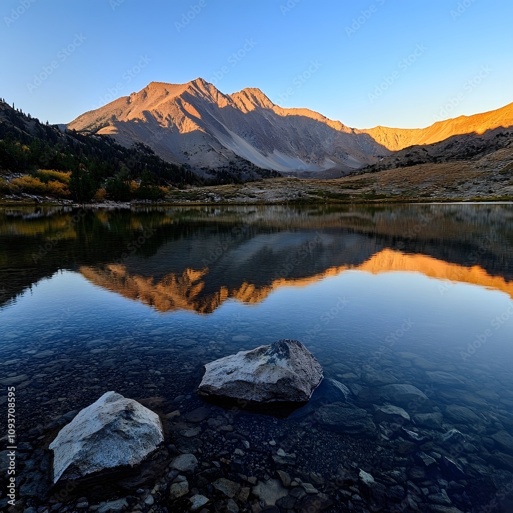 Fototapeta premium A calm clear mountain lake reflecting the colors