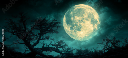 Mystical full moon illuminating eerie dark forest with majestic clouds photo