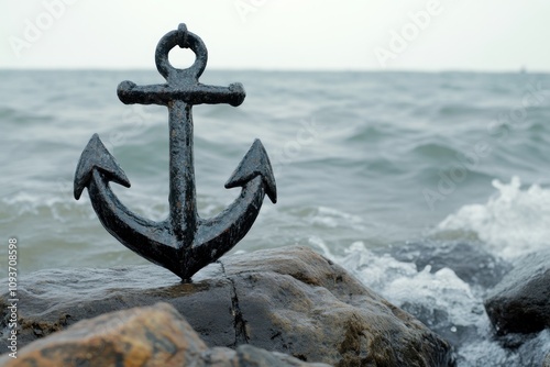 Anchor resting on rocks beside a turbulent sea on a cloudy day photo