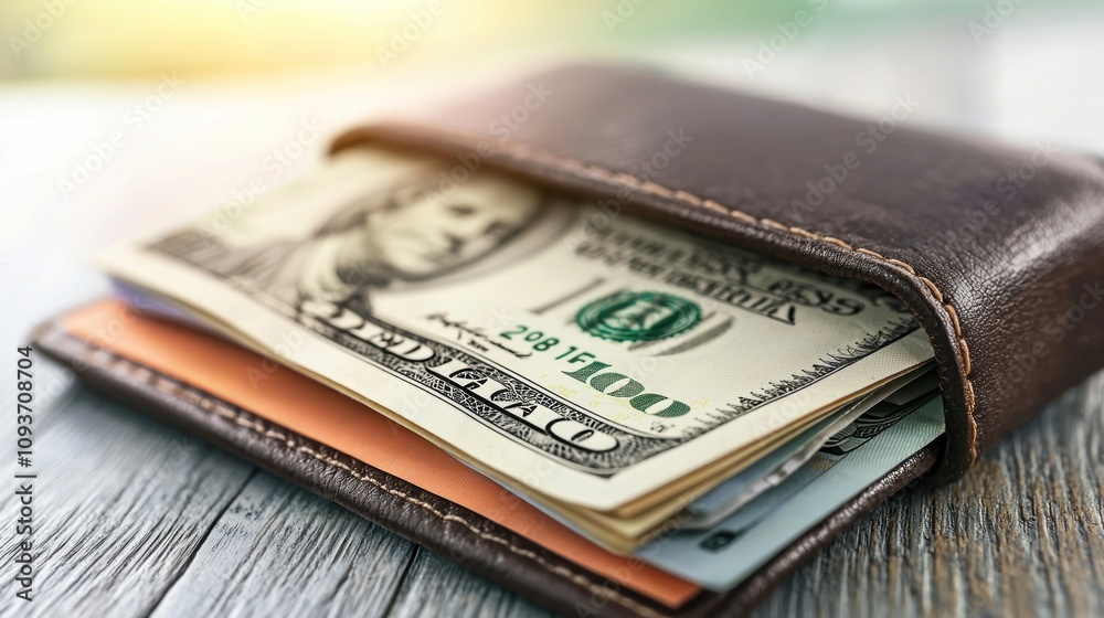 Close-up of American Dollar Bills in a Brown Leather Wallet Close-up of American Dollar Bills in a Brown Leather Wallet