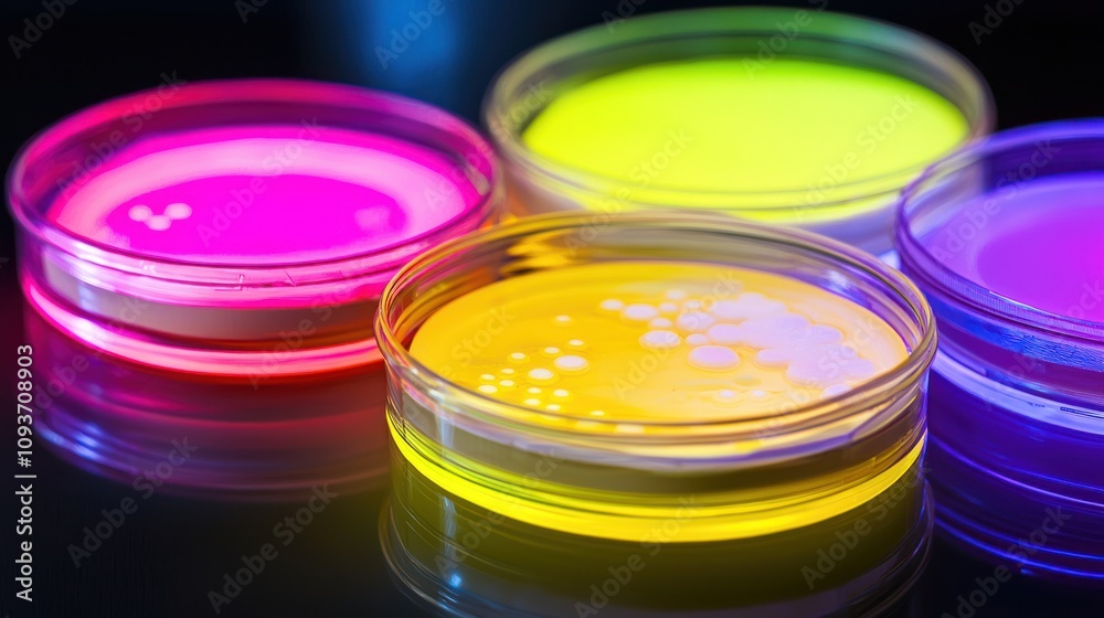 Four Petri Dishes with Different Colored Agar and Colonies of Bacteria Four Petri Dishes with Different Colored Agar and Colonies of Bacteria
