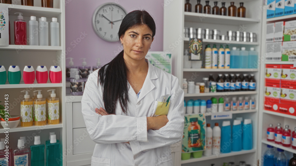 A young, beautiful, hispanic woman stands confidently in a pharmacy, wearing a white lab coat with her arms crossed, surrounded by shelves filled with medical supplies and products. A young, beautiful, hispanic woman stands confidently in a pharmacy, wearing a white lab coat with her arms crossed, surrounded by shelves filled with medical supplies and products.
