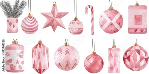 Watercolor Pink Christmas Ornaments and Decorations