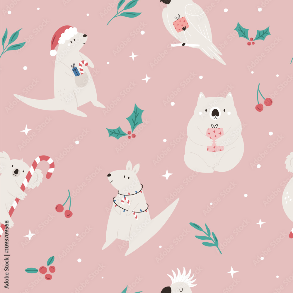 Christmas seamless pattern with adorable Australian animals kangaroo, koala, wombat, cockatoo. Holiday surface design for gift box, prints, fabric, wrapping paper Christmas seamless pattern with adorable Australian animals kangaroo, koala, wombat, cockatoo. Holiday surface design for gift box, prints, fabric, wrapping paper