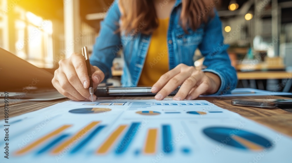 Fototapeta premium Woman Analyzing Business Charts and Graphs with a Pen