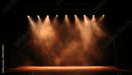 Stage illuminated by spotlights with smoke and black curtains