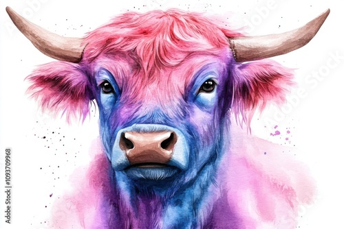 Vibrant watercolor highland cow with minimalistic design elements for creative projects
