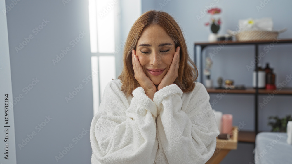 Young woman enjoying a relaxing moment in a spa wearing a white robe with a serene expression in an indoor wellness center Young woman enjoying a relaxing moment in a spa wearing a white robe with a serene expression in an indoor wellness center