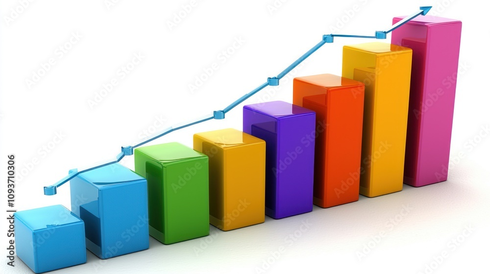 Colorful 3D Bar Graph with Upward Trend Arrow Colorful 3D Bar Graph with Upward Trend Arrow