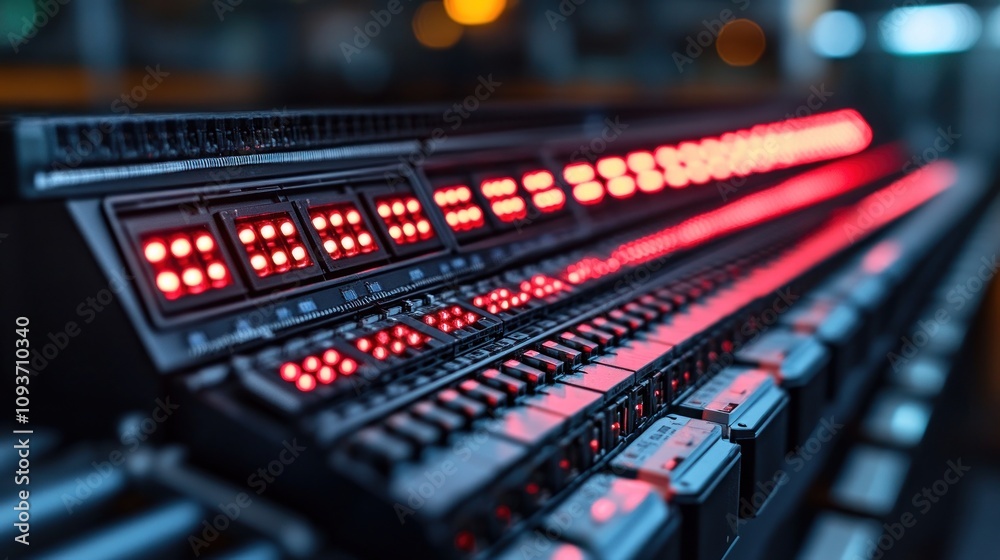 Close-up of illuminated server rack with red indicator lights. Close-up of illuminated server rack with red indicator lights.