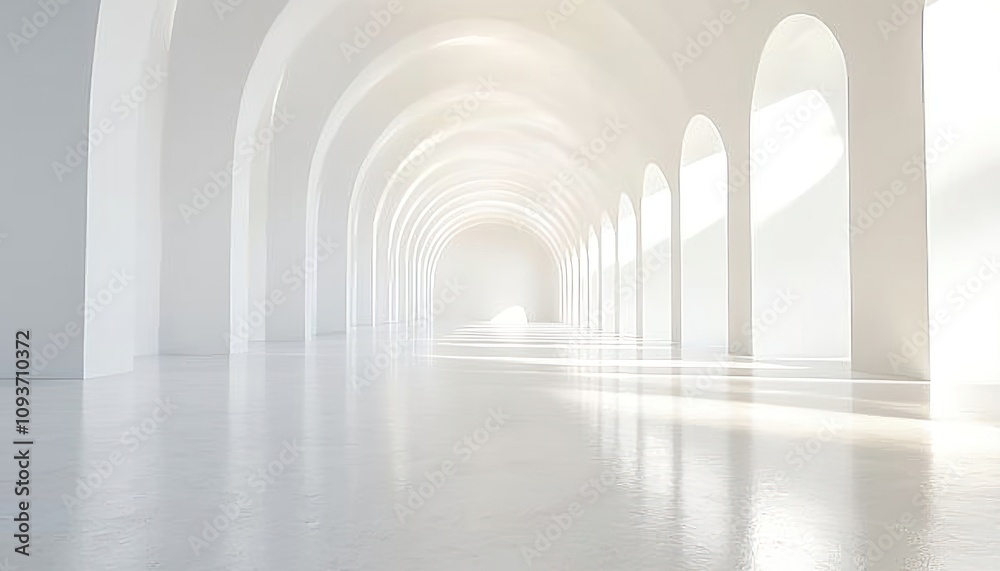 A long, white corridor with arched doorways and a bright light at the end. A long, white corridor with arched doorways and a bright light at the end.