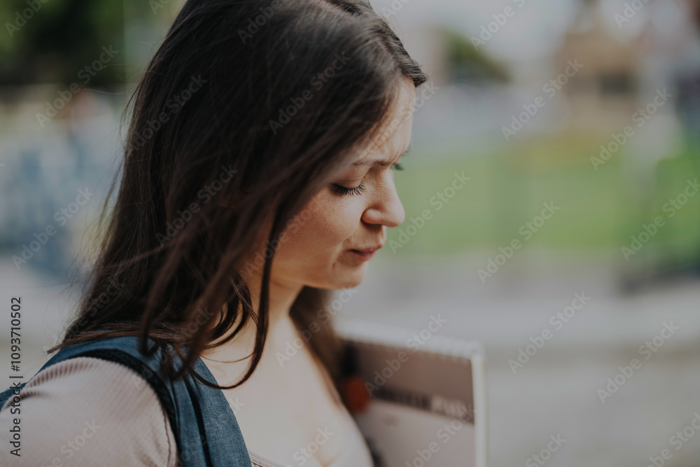 A young female student with long hair holds books while outdoors, appearing deep in thought. The natural background adds a serene and contemplative atmosphere. A young female student with long hair holds books while outdoors, appearing deep in thought. The natural background adds a serene and contemplative atmosphere.