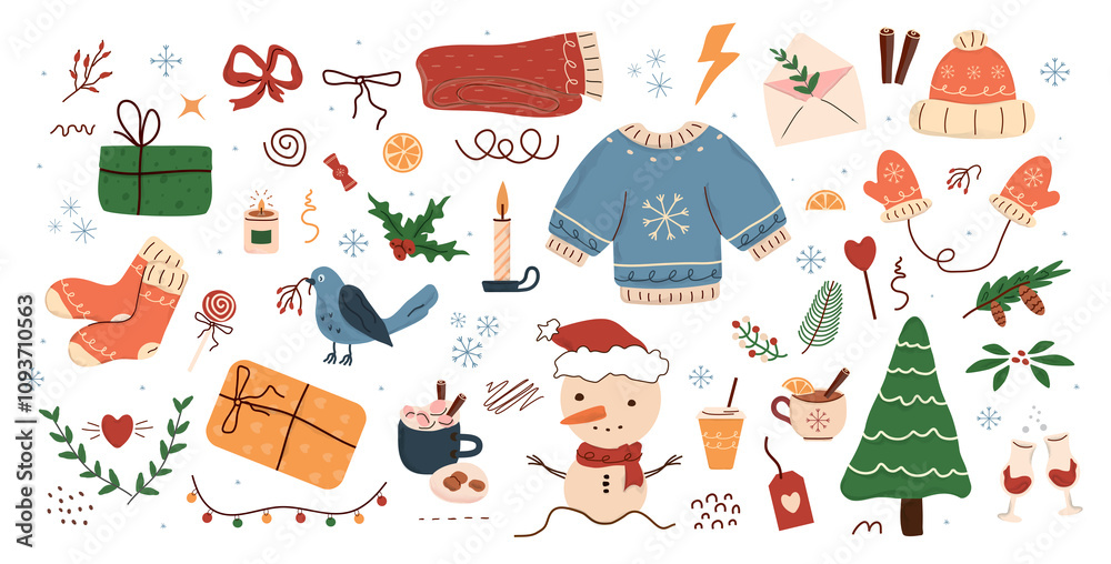 concept winter, pattern, Fir tree, stars, dots, snow, line drawing. Holiday design elements are isolated on white background. Simple conceptfor winter season cards, for party poster, banner, png concept winter, pattern, Fir tree, stars, dots, snow, line drawing. Holiday design elements are isolated on white background. Simple conceptfor winter season cards, for party poster, banner, png