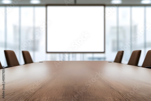 Blurred background of a conference room with a focus on a wooden table, highlighting its polished surface and creating a professional, minimalist workspace setting