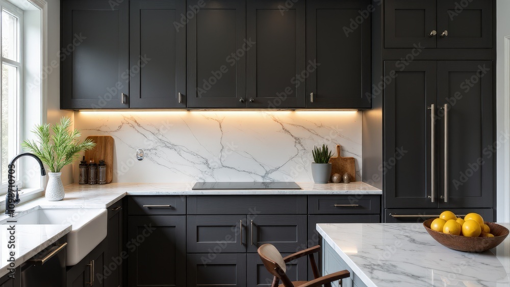 A stylish kitchen with dark gray kitchen cabinets, white marble surfaces, and ambient lighting to enhance the luxurious atmosphere.