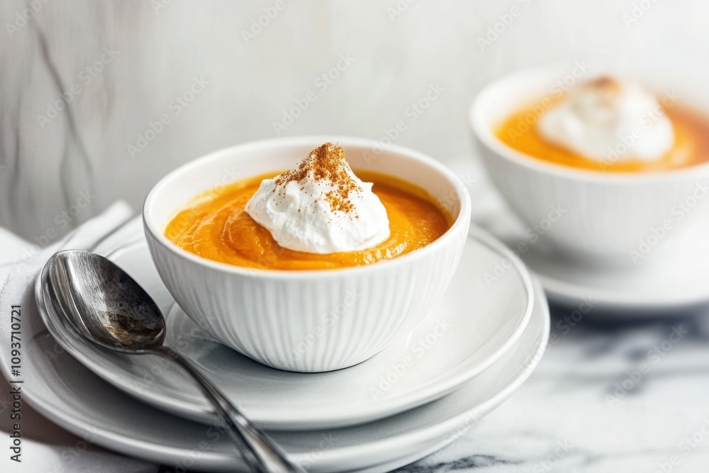 Minimalistic gourmet soup with whipped cream and cinnamon - elegant culinary presentation Minimalistic gourmet soup with whipped cream and cinnamon - elegant culinary presentation