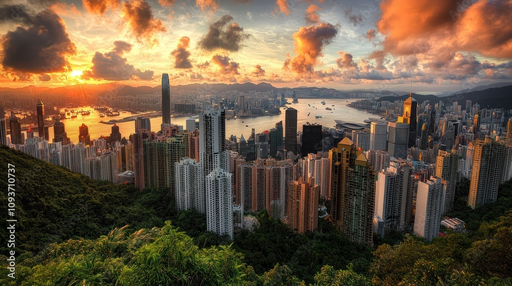 Obraz premium Hong Kong Skyline with Dramatic Sunset Clouds