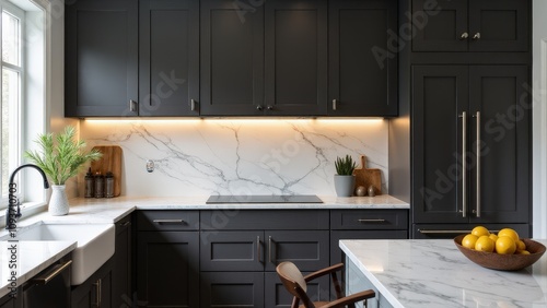 Obraz na płótnie A stylish kitchen with dark gray kitchen cabinets, white marble surfaces, and ambient lighting to enhance the luxurious atmosphere. w salonie
