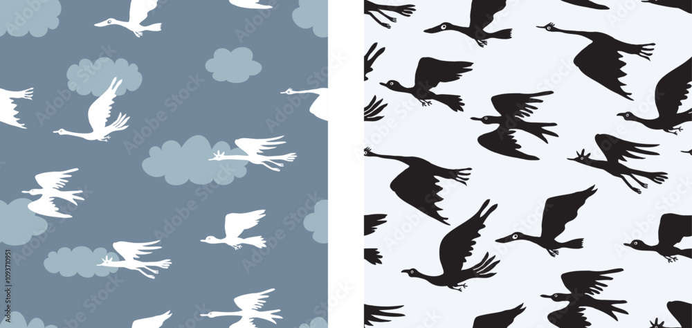 Fototapeta premium Flying geese, hand drawn abstract white black birds silhouettes, seamless patterns, vector background, wallpaper, paper, textile