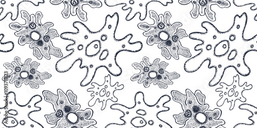 Seamless pattern of amoeba protozoa microorganismus, vector contour hand drawn illustration, background, paper, wallpaper