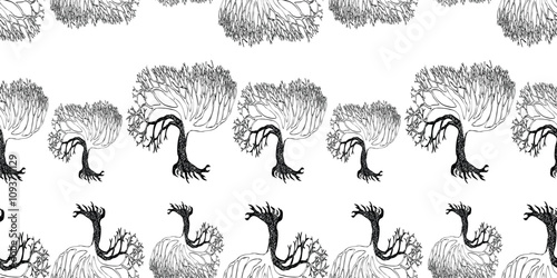 Seamless pattern of decorative drawn bare trees silhouettes with roots, vector background, paper, textile