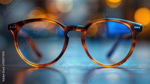 Stylish round glasses illuminated by vibrant bokeh lights on a wooden table at dusk. Generative AI